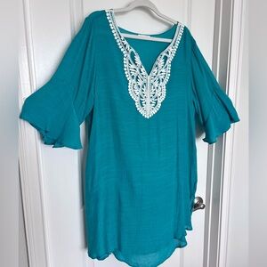 Ekouaer Turquoise Swim Cover Up Embroidered Lace V Neck Beach Tunic Size M
